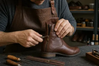 Sapateiro consertando o zíper de uma bota em São Luís.