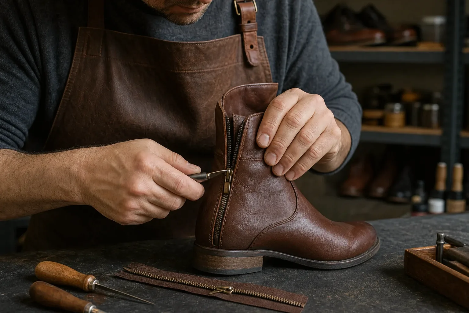 Sapateiro consertando o zíper de uma bota em São Luís.