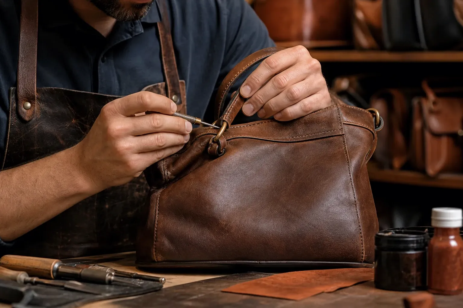 Sapateiro reformando bolsa de couro em São Luís.
